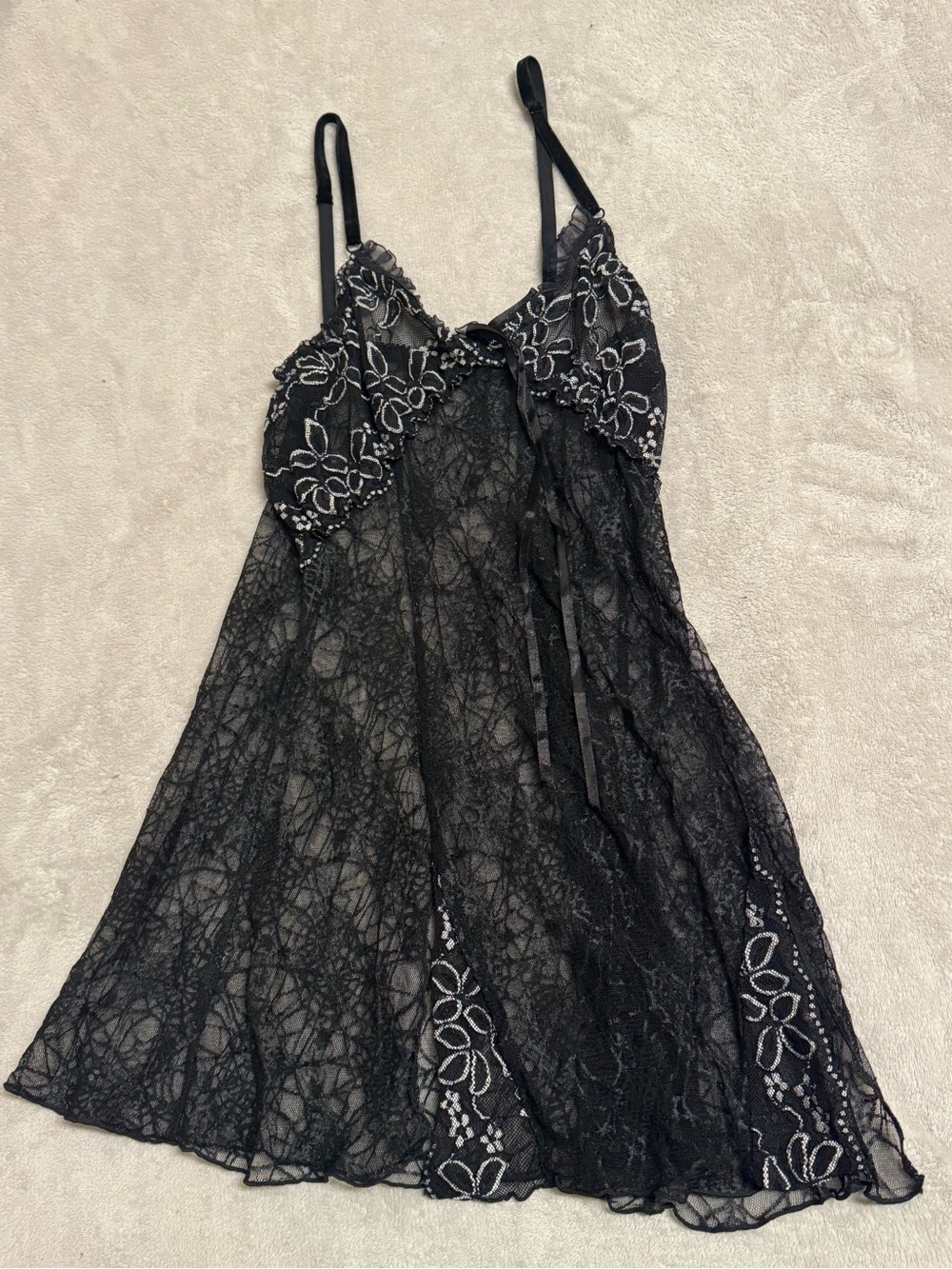 Black Lace Embroidered Babydoll Nightdress